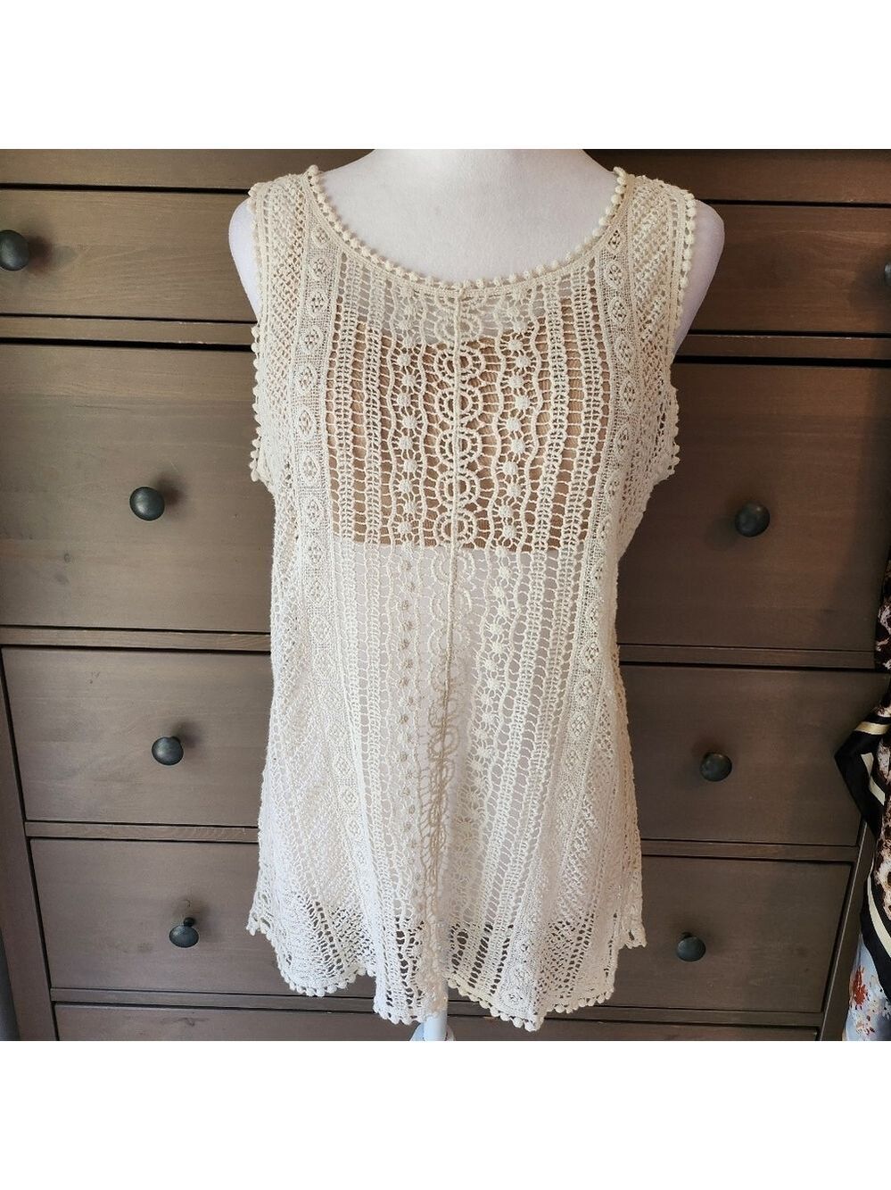 Adiva Crochet Tunic Top In Cream Size Large